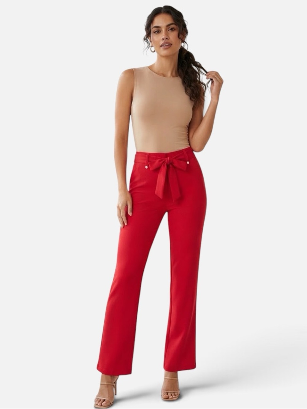 SOHO Red High-Rise Trousers Pants Self-Tie Bow Belt Gold Accent Hardware Size M